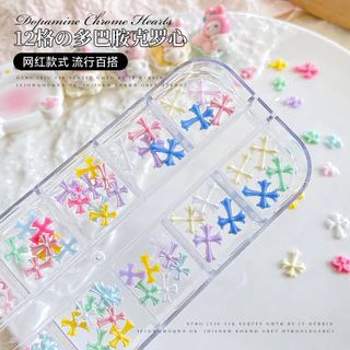 12-Grid สีสัน Cross Star สาวร้อนที่ไม่ซ้ํากันหวานเย็นสไตล์อุปกรณ์แต่งเล็บ Dopamine ผสมขนาดใหญ่ขนาดเล็กสามมิติ DIY ตกแต่งเล็บ