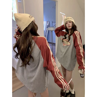 Solovely M-2XL ผู้หญิง สไตล์เกาหลี ลำลอง หลวม เสื้อตัวบน ลายทาง บล็อกสี พิมพ์ลาย แขนยาว เสื้อสเวตเชิ้ต