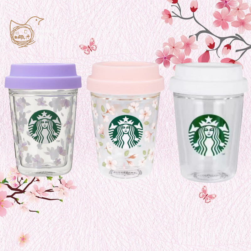Starbucks Cup พร้อมฝาปิดแก้ว Sakura Series Limited Edition แก้ว Tumbler สีชมพู Cherry Blossom สีม่วง Gradient Double-Wall ฉนวนทนความร้อนสะสม 296ml