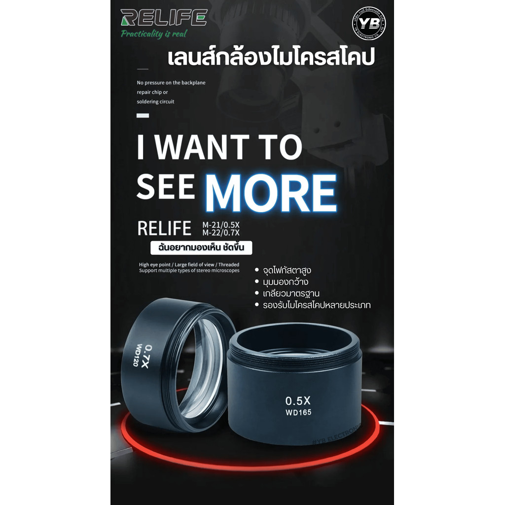 เลนส์เสริม RELIFE RL‑M21 และ RL‑M22 สำหรับกล้องจุลทรรศน์หรือกล้องซ่อมโทรศัพท์มือถือ  0.5X/0.7X