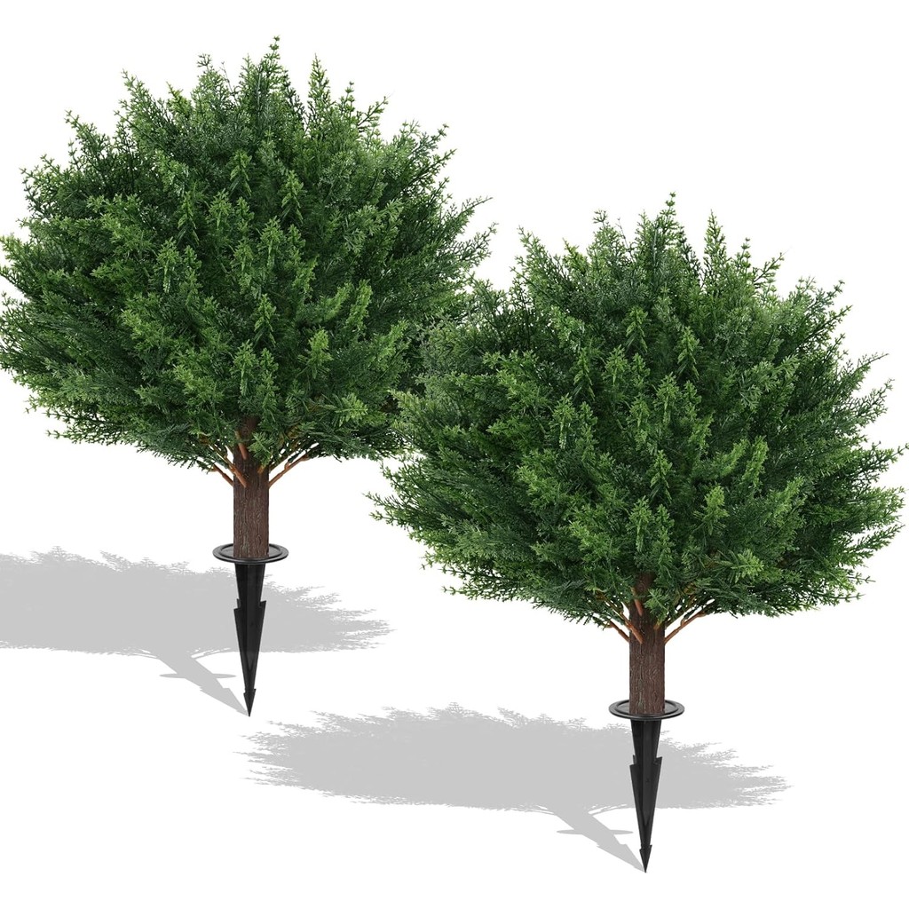 Artificial Cedar Topiary Ball Trees, 2 Set of 16'' UV Resistant Fake Evergreen Shrubs Bushes Plants 