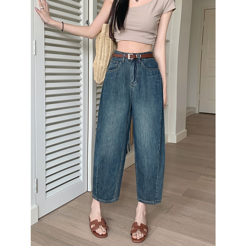 GHAOEHS กางเกงยีนส์ฮาเร็มความยาวเก้าส่วน สำหรับรูปร่างทรงลูกแพร์ ไซส์ใหญ่ กางเกงทรงหัวแครอท#V126