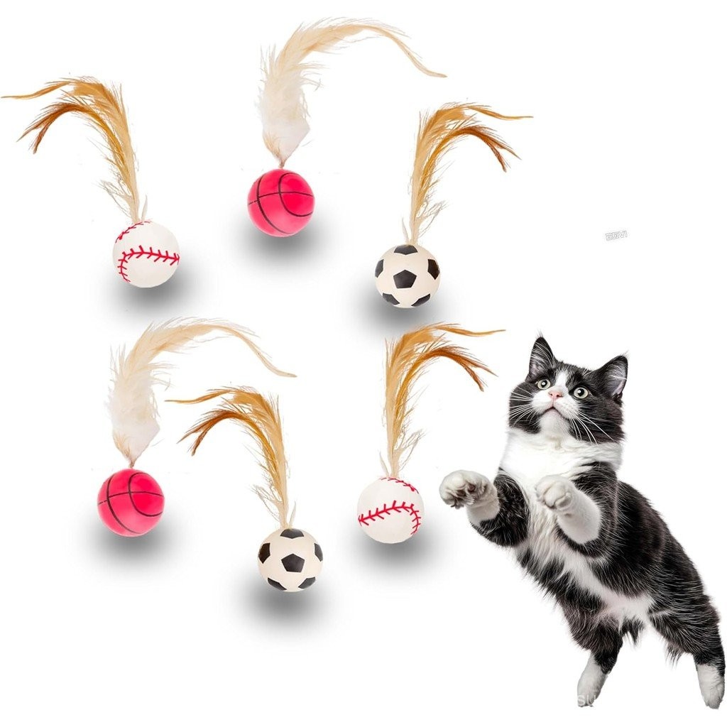 Cat Bouncy Ball Toys Sports Style, 6 Pack with Feathers, Durable Interactive Chase and Pounce Toys f