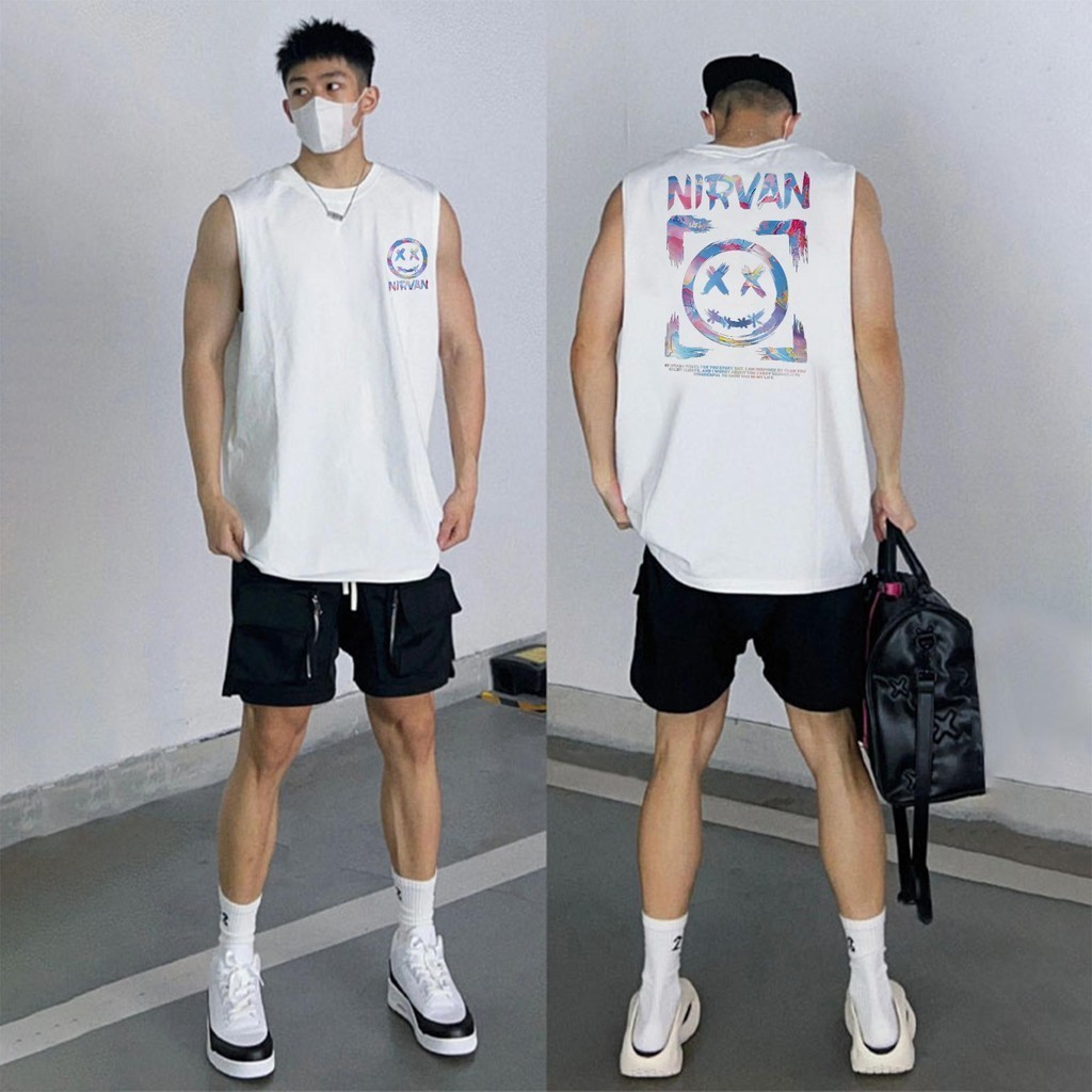 Y-T เสื้อกั๊กผู้ชาย ระบายอากาศได้ดี พิมพ์ "เนอร์วาน" ผ้าฝ้าย 100% เสื้อแขนกุดผู้ชาย 【จัดส่งจากประเทศไทย】