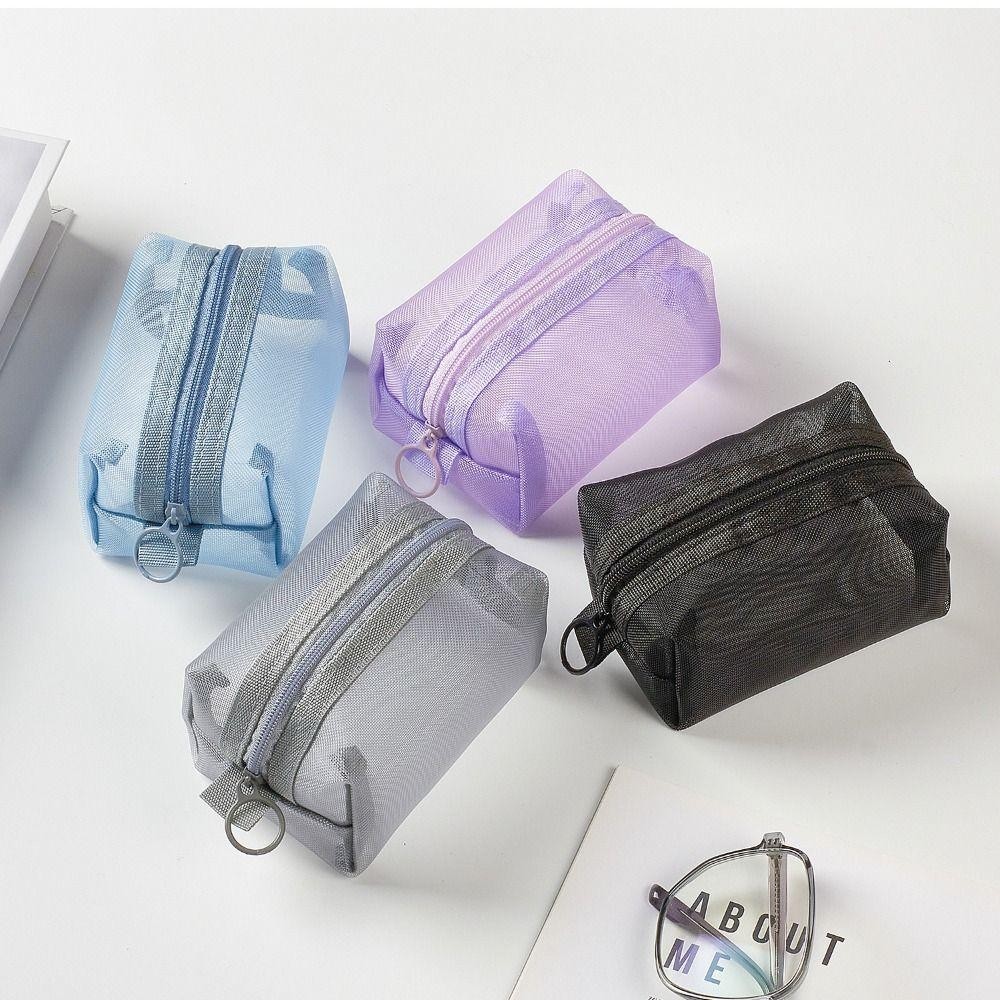 GIFTHUB  ของขวัญฮับ กระเป๋าเครื่องสําอาง, กระเป๋าใส่เหรียญสีทึบตาข่าย, กระเป๋าเก็บของแบบพกพาความจุขนาดใหญ่ผู้หญิง