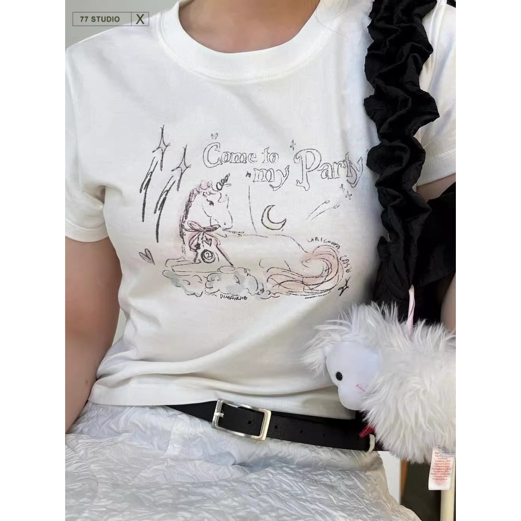 พร้อมส่ง เสื้อครอป สุดฮิต100%Cottonสวมใส่สบายinsรุ้ง ยูนิคอร์นพิมพ์ลาย แขนสั้นคอกลม เสื้อผ้าผู้หญิง