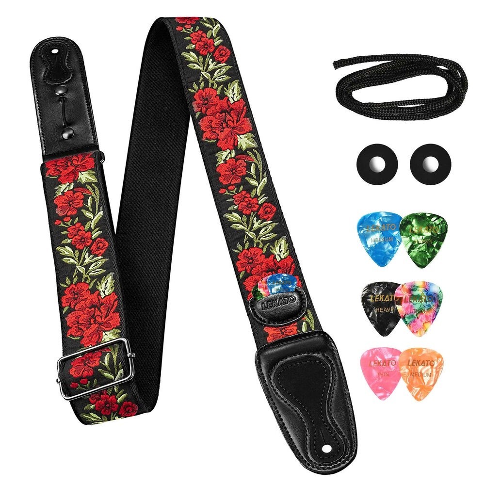 Lekato Lgs-6 Guitar Strap Ukulele Electric Bass Leather Vintage 6 Picks 2 Locks