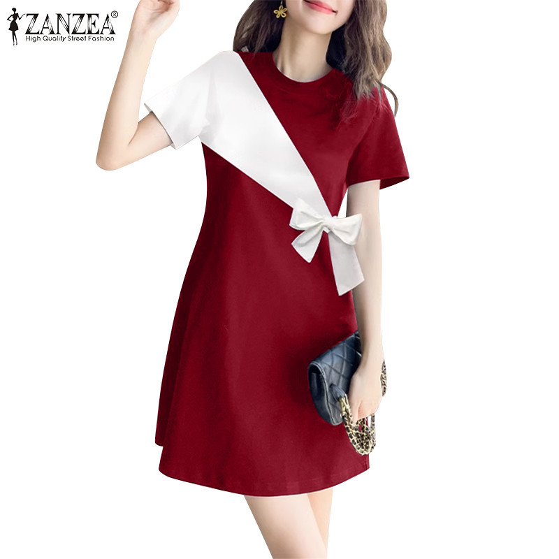 ZANZEA ใส่ ซานเซีย ผู้หญิงเกาหลีคอลูกเรือแขนสั้นเย็บปะติดปะต่อกันซิปชุดเอว