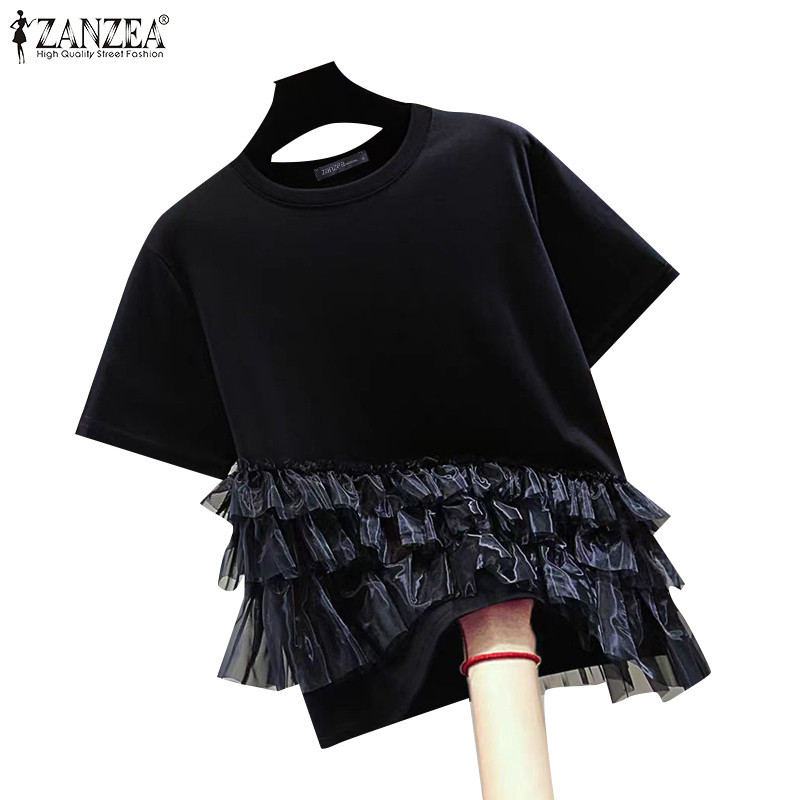 Zanzea เสื้อเบลาส์คอกลมแขนสั้นแฟชั่นเกาหลีสําหรับผู้หญิง