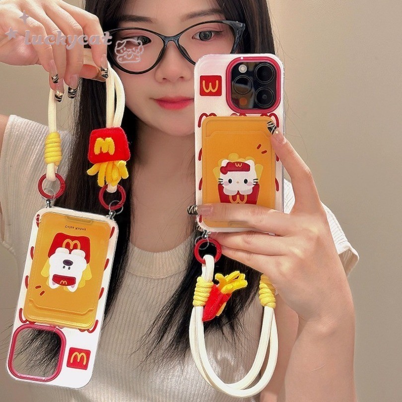 Iphone 15 14 13 12 11 Pro Max X Xr Xs Max 7 8 Plus SE2020 เคสโทรศัพท์การ์ตูนน่ารักสนุกFrench Fries KT Cat + Lanyardฝาครอบโทรศัพท์นุ่ม