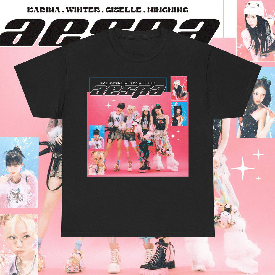 AESPA T-shirt Aespa เสื้อยืด Kpop Merch Tee KARINA ฤดูหนาว NING GISELLE พิมพ์แขนสั้นด้านบน Kpop ของข