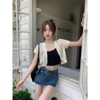 Gakki เสื้อคลุมแขนสั้น เสื้อแจ็คเก็ตสตรีคาร์ดิแกนกันแดดถักกลวงแขนสั้นผู้หญิง ฟรีไซส์ พร้อมส่ง 2124#