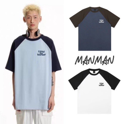 MANMAN แขนสั้น ลาเกรน สีตัดกัน เสื้อยืดผู้ชาย แบบหลวมสบายๆ ใส่ได้ทั้งชายและหญิง การออกแบบตกแต่งพิมพ์แฟชั่น