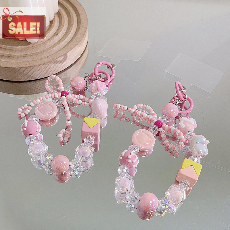 Bl Creative Pink Love Beaded โทรศัพท์ Lanyard สายรัดข้อมือแฟชั่นลูกปัดโทรศัพท์มือถือพวงกุญแจสายคล้องโทรศัพท์หูฟังกล้องจี้ A
