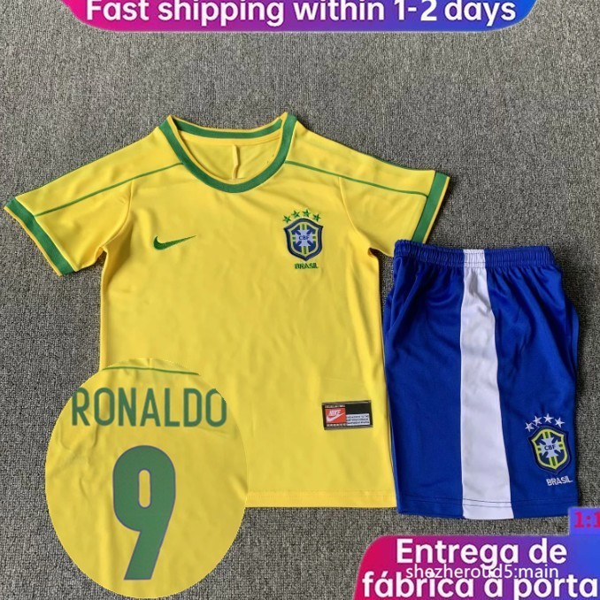 โรมิโอ #11 โรนัลโด้ #9 โรนัลด์อินโฮ #10 Vintage Sports Childrens Football Jersey 1998 Brazil KIDS KIT Home Football Jersey