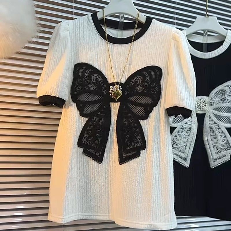 ขนาดใหญ่ 150 กก.ผู้หญิงสั้นน้องสาวไขมันอายุลด Casual All-Match หลวมโบว์เสื้อยืดครึ่งแขน