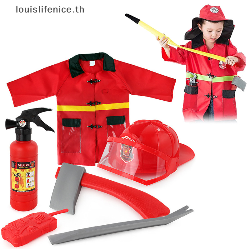 LNTH เด็กนักผจญเพลิงเครื่องแต่งกายเครื่องมือเครื่องแต่งกายเล่นสูท Fireman Dress Up ชุดหมวก Fire Exguisher Party ของขวัญวันเกิดชายหาดร้อน