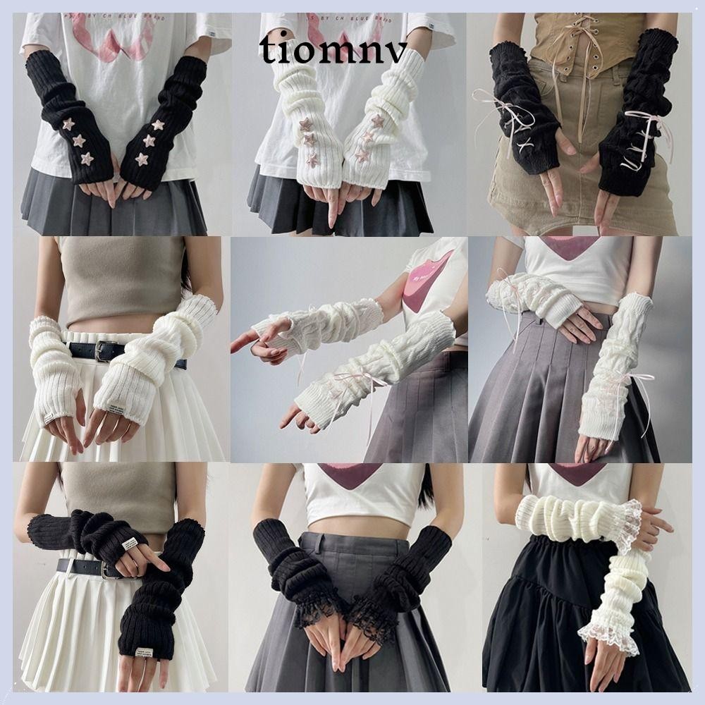 Tiomnv56 ถุงมือข้อมือยาว, Fingerless Arm Warms ถุงมือถัก,สไตล์ญี่ปุ่นปลอกนิ้วสีดําสีขาวแขนปลอมข้อศอก Mittens สําหรับ Y2k เครื่องเทศหญิง