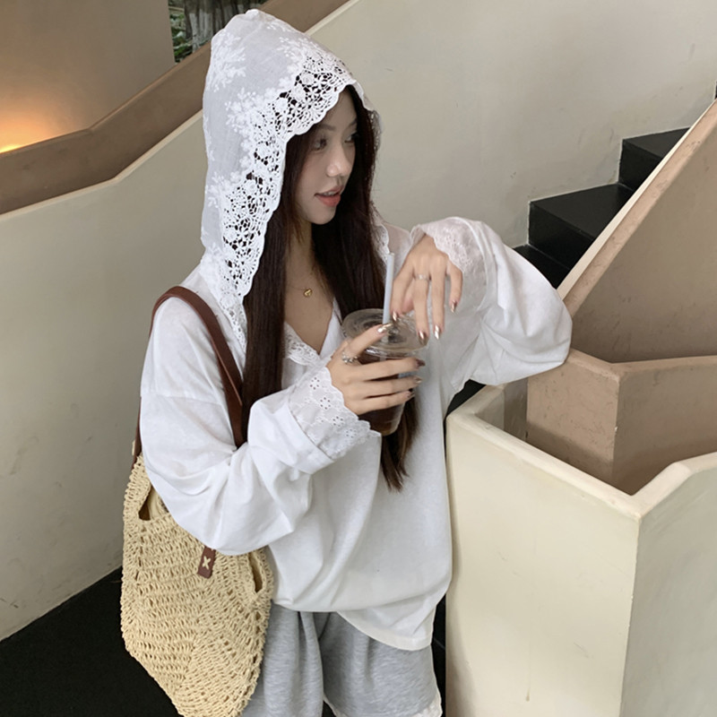 บางครีมกันแดดด้านบนฤดูร้อนแขนยาวดอกไม้ลูกไม้ประกบเสื้อยืด