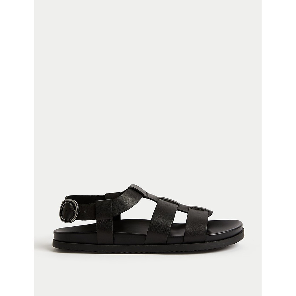 Genuine Marks and Spencer M&S London Sandals - Leather Ankle Strap Footbed Sandals All Black - Black