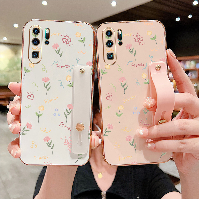 ปลอกสําหรับ Huawei P20 P30 P40 P50 P60 Pro P20 P30 Lite Nova 3e 4e เต็มหน้าจอดอกไม้สายรัดข้อมือวงเล็บ Anti Drop เคสโทรศัพท์