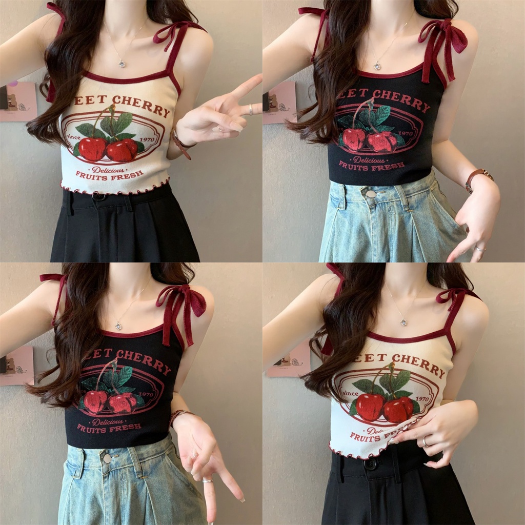 Bonnie เสื้อกล้าม ครอปเอวลอย ผ้านิ่มเด้ง เสื้อผ้าผู้หญิง ลายเชอร์รี่ เสื้อไปทะเล สไตล์ใหม่ ขอบหยัก น่ารักๆ#M5552