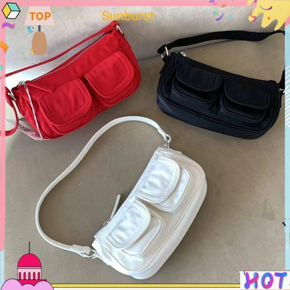 กระเป๋าสะพายสําหรับผู้หญิง Y2k Hobo Bag Nylon Double Pockets Satchel Bag for Travel [Sunburst11.th]