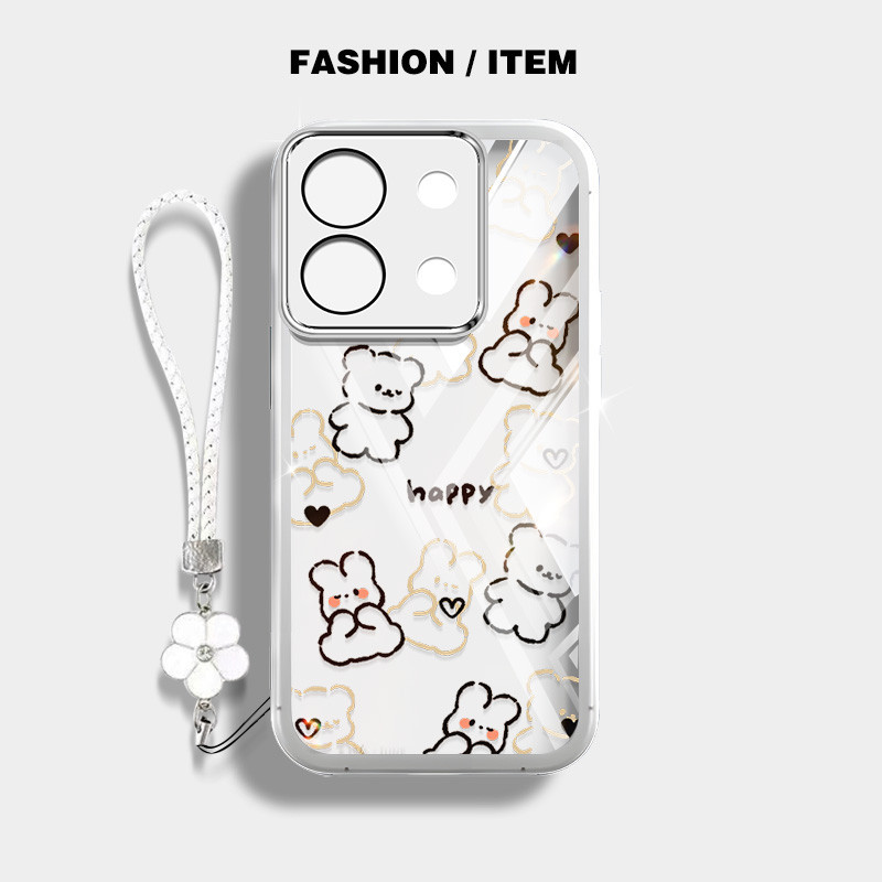 เส้นน่ารักหมีกันกระแทกเคสโทรศัพท์ Xiaomi Redmi Note 13 Pro 4G 5G Note 13 Pro Plus Note 13R Pro 5G Poco M6 Pro 4G X6 Pro 5G X6 Neo ปลอกโปร่งใสพร้อมเชือกแขวนดอกไม้เชือก