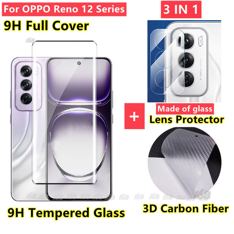 ฟิล์ม OPPO Reno 12 5G กระจกนิรภัย OPPO Reno 12 Pro 5G ฟิล์มกันรอยกล้อง ตัวป้องกันเลนส์กล้องฝาครอบแบบเต็มหน้าจอ 3 In 1 ฟิล์มคาร์บอนไฟเบอร์ด้านหลัง