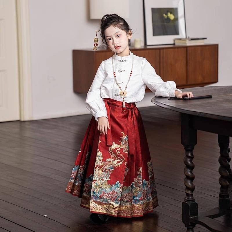 New Children Horse-Face Skirt Girls Suit Chinese Style Daily Children's Han Chinese Costume Ancient Style Spring and Autumn Long Sleeve Tang Suit dI5U