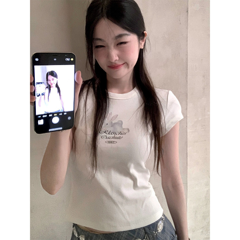 COD✅ (กรุงเทพจัดส่งสินค้า)BOOM Shopเสื้อครอป คอกลมแขนสั้น รัดรูป ลายการ์ตูนน่ารัก ไซซ์เล็ก2022