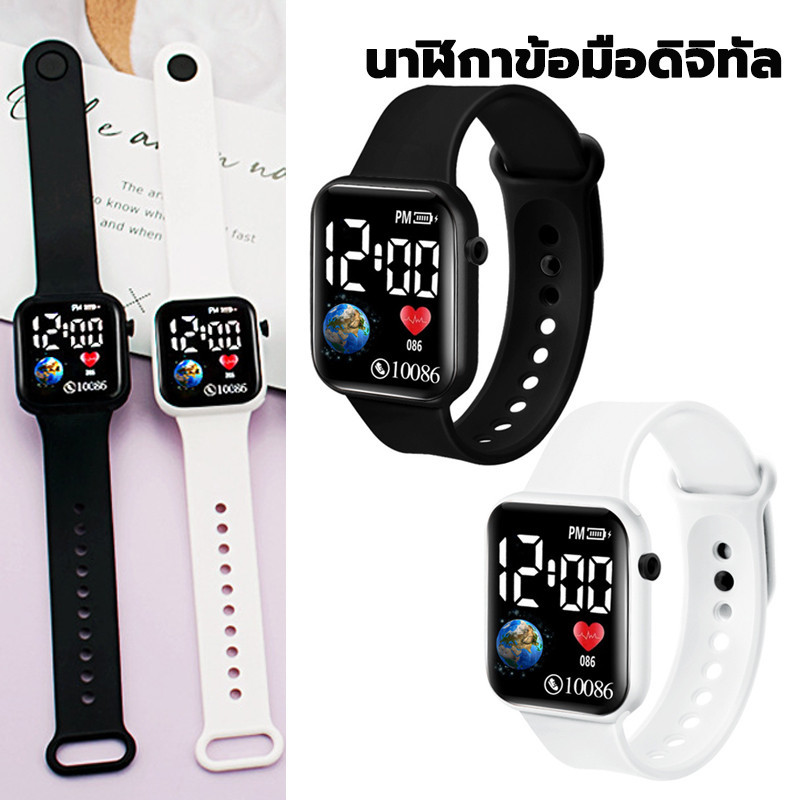 นาฬิกาข้อมืออิเล็กทรอนิกส์ ทรงสี่เหลี่ยม ดำ / ขาว กันน้ํา สไตล์สปอร์ต unisex
