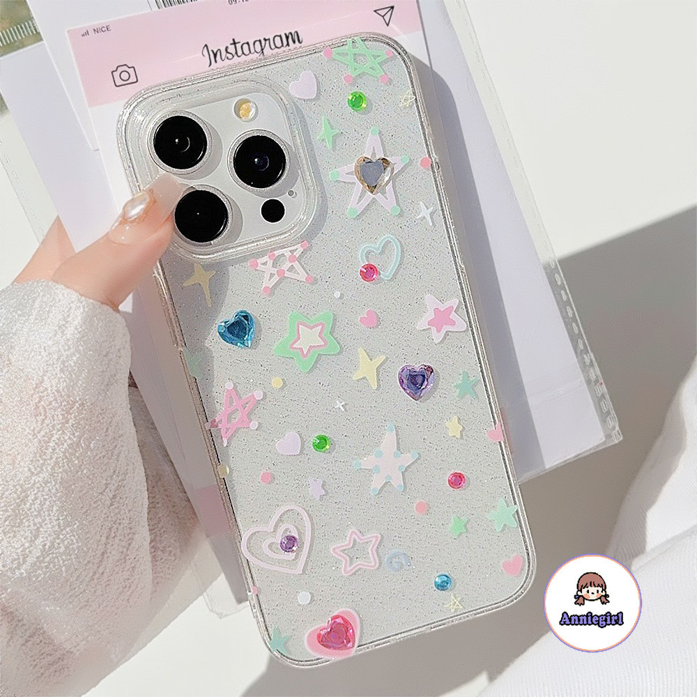 เกาหลีสีสัน Star Love เพชร Glitter เคสโทรศัพท์สําหรับ IPhone 11 15 14 Pro Max 12 13 Promax Clear Dirt ทน Soft TPU โทรศัพท์ปกหลัง