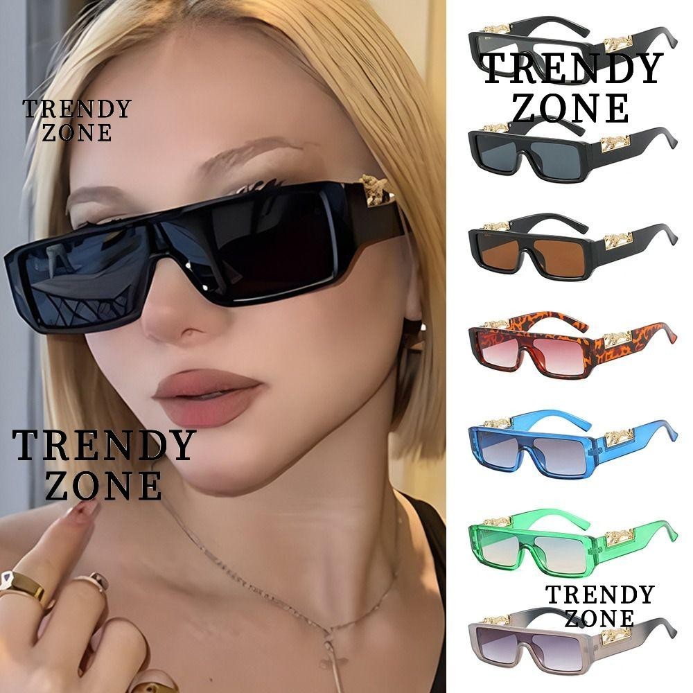 Trendyzone แว่นกันแดด One Piece, Cheetah ตกแต่ง Vintage ขอบแคบ Shades, Cool UV Protection Square Frame Hip-Hop Sun แว่นตาสําหรับผู้หญิงและผู้ชาย