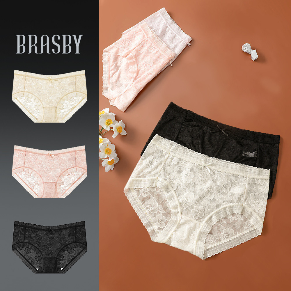 🎉Brasby🎉กางเกงในลูกไม้เผู้หญิงไซน์ขอบหยัก ขึ้นปานกลาง แต่งลูกไม้ ป้องกันแบคทีเรีย เอวยางยืด ใส่สบาย กางเกงในหญิง