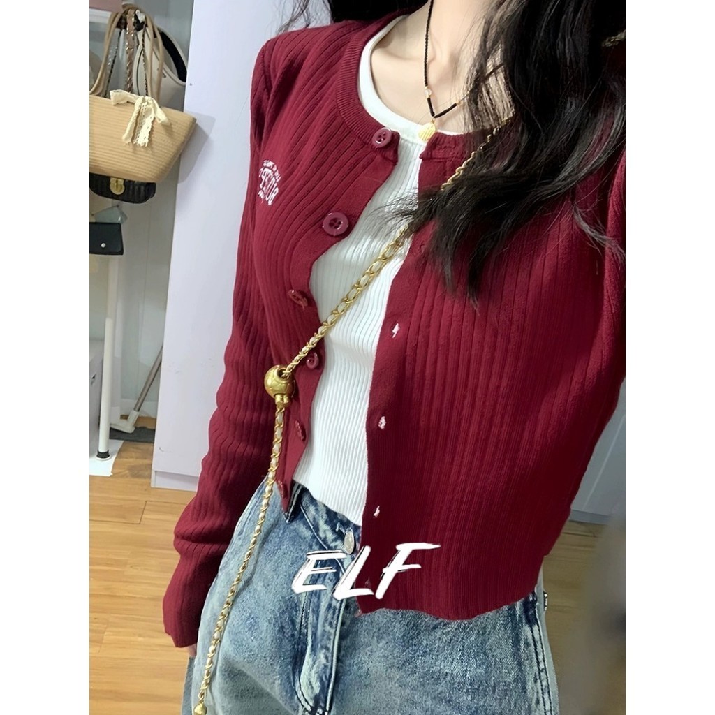 เบอร์กันดี เสื้อคาร์ดิแกนถักแขนยาวแฟชั่นหลวมสาวคลาสสิกสไตล์ญี่ปุ่นรุ่นฤดูใบไม้ร่วงใหม่สําหรับผู้หญิง