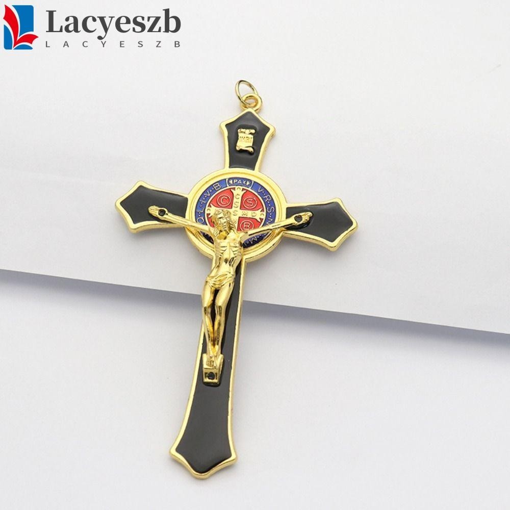 Lacyeszb Saint Crucifix จี้, คาทอลิกศาสนา Charm คาทอลิกพระเยซูข้าม,สวดมนต์โลหะผสมเหรียญคริสต์สร้อยคอทําด้วยมือ Saint Benedict Benedictine สีแดงเคลือบ