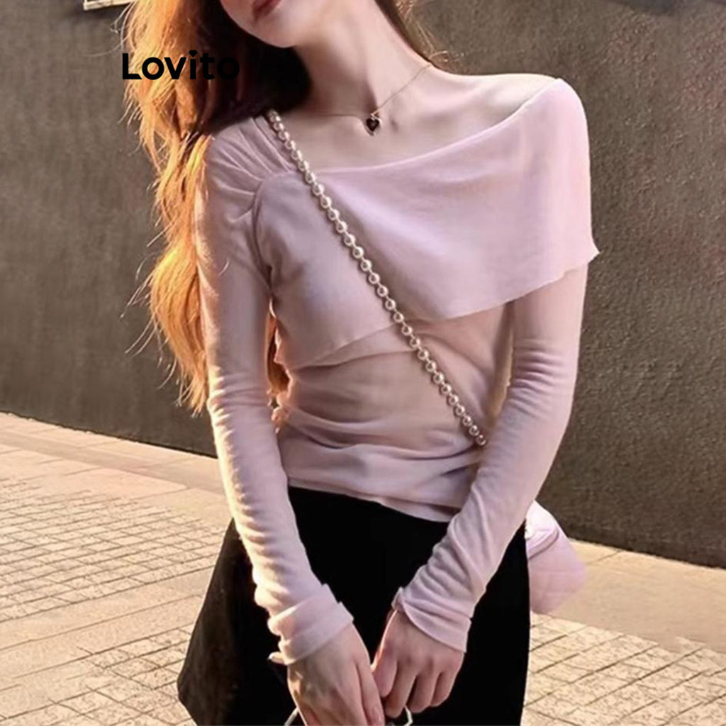Lovito เสื้อสเวตเตอร์ไหล่เย็นสบาย ๆ สำหรับผู้หญิง LNA72370