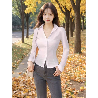 เสื้อเชิ้ตแขนยาวคอปก สีพื้นสุภาพ ราคาถูก สำหรับผู้หญิงใส่ทำงาน