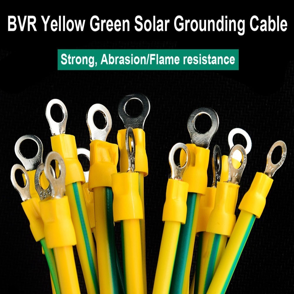 Bvr สายไฟกราวด์โซลาร์เซลล์พลังงานแสงอาทิตย์พร้อมเทอร์มินัล 10/12/14 AWG สายไฟพลังงานแสงอาทิตย์สีเหลืองสีเขียวสายโลกทองแดงแบบยืดหยุ่น