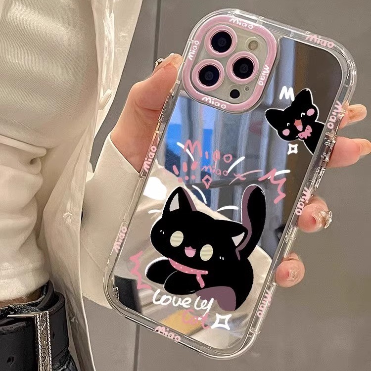 Ins สีชมพูแมวดํารูปแบบ Drop-Resistant กระจกแต่งหน้าเคสโทรศัพท์สําหรับ iPhone 16 Promax 15 Promax 12 13 Mini 14plus 11 Pro Max X XS XR XS Max 7 8 plus Se2020