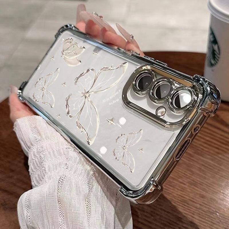 สําหรับ Samsung Galaxy S24 S23 FE นุ่มโปร่งใสการ์ตูน sliver ผีเสื้อเคสโทรศัพท์สี่มุม anti drop ป้องกันเคสโทรศัพท์พร้อมฟิล์มเลนส์ในตัว