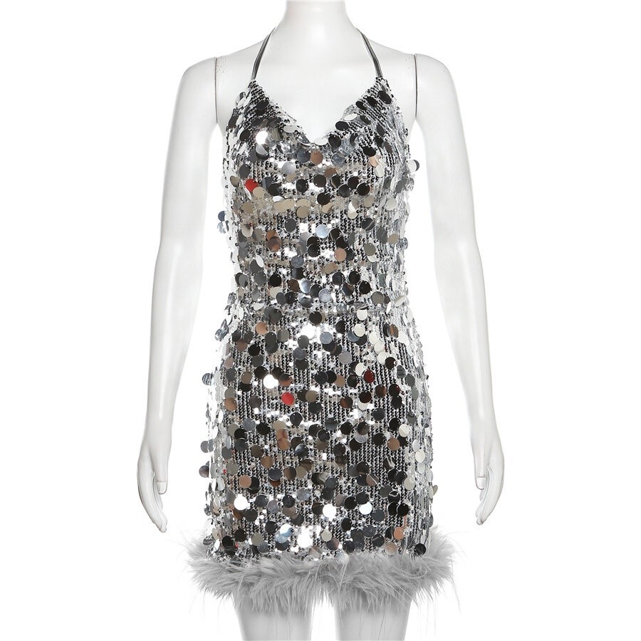 Kliou แฟชั่น Party Club ชุดสลิงเซ็กซี่ผู้หญิงเลื่อม Shining Backless แขนกุด Slim Bodycon เดรสสั้น - รูปที่ 7