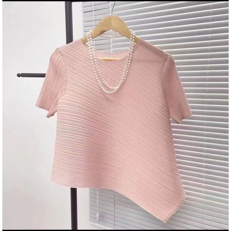 จีบ มิยาเกะ ออกแบบจีบด้านบนเสื้อกั๊ก สายรัด ผู้หญิงฤดูร้อนผิดปกติ ซอก หลวม ผอมลง ดูเสื้อยืดเก๋ด้านบน อิน ผู้หญิงเสื้อผ้