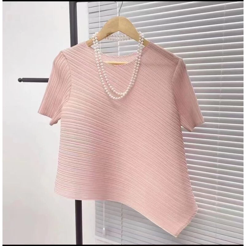 จีบ มิยาเกะ ออกแบบจีบด้านบนเสื้อกั๊ก สายรัด ผู้หญิงฤดูร้อนผิดปกติ ซอก หลวม ผอมลง ดูเสื้อยืดเก๋ด้านบน อิน ผู้หญิงเสื้อผ้