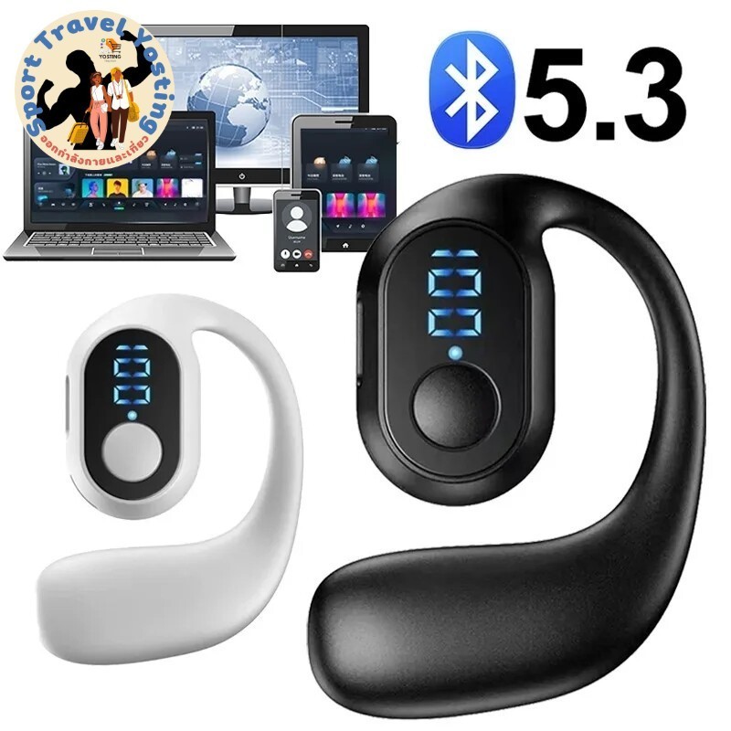 Bluetooth 5.3 Wireless Ear Hook Earphones Single Mini LED Display HD Calling Mic Earbuds Noise Cancelling Sports Headset