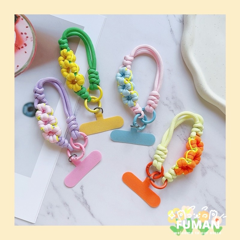 Universal โทรศัพท์มือถือ Lanyard ไนลอน Braided Card Holder Anti-lost Wristlet สายคล้องสไตล์เกาหลี INS สร้อยข้อมือดอกไม้สีสันสดใสพร้อมจี้