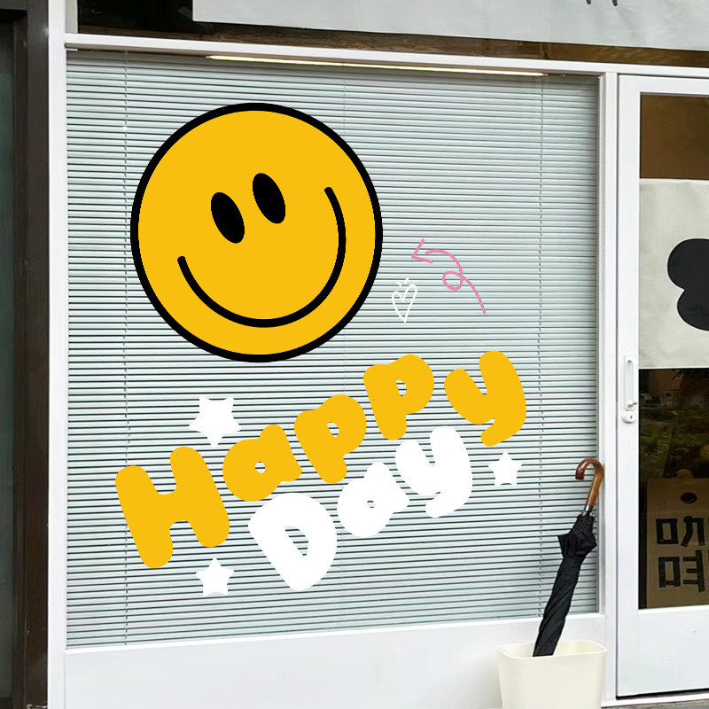 ยินดีต้อนรับสู่สติกเกอร์หน้ายิ้มสร้างสรรค์ร้านตกแต่งหน้าต่างสติกเกอร์ประตูกระจกร้านกาแฟร้านชานมร้านเค้กสติกเกอร์ติดผนังแบบคงที่