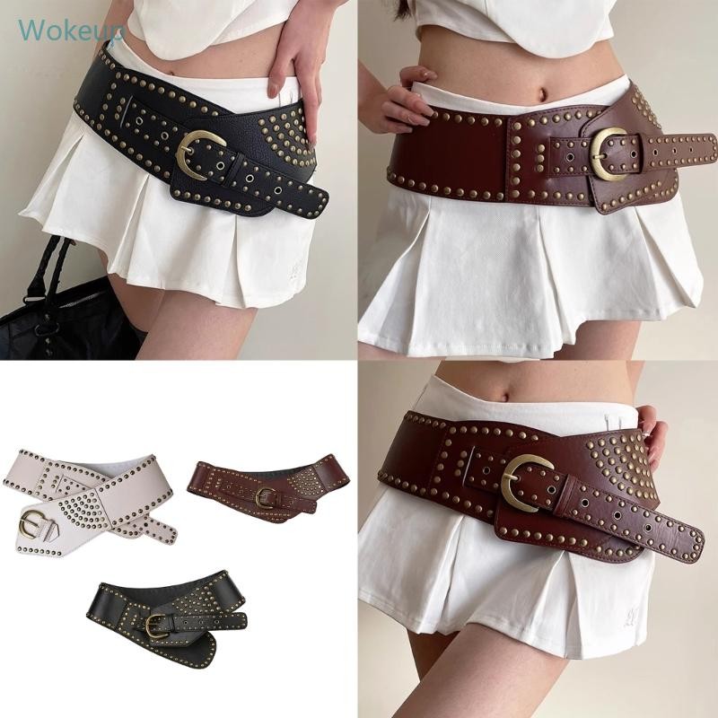 Wake 2000s เข็มขัดเอวสําหรับกางเกง Punk Rivet Studded เข็มขัด PU หนัง Waiststrap