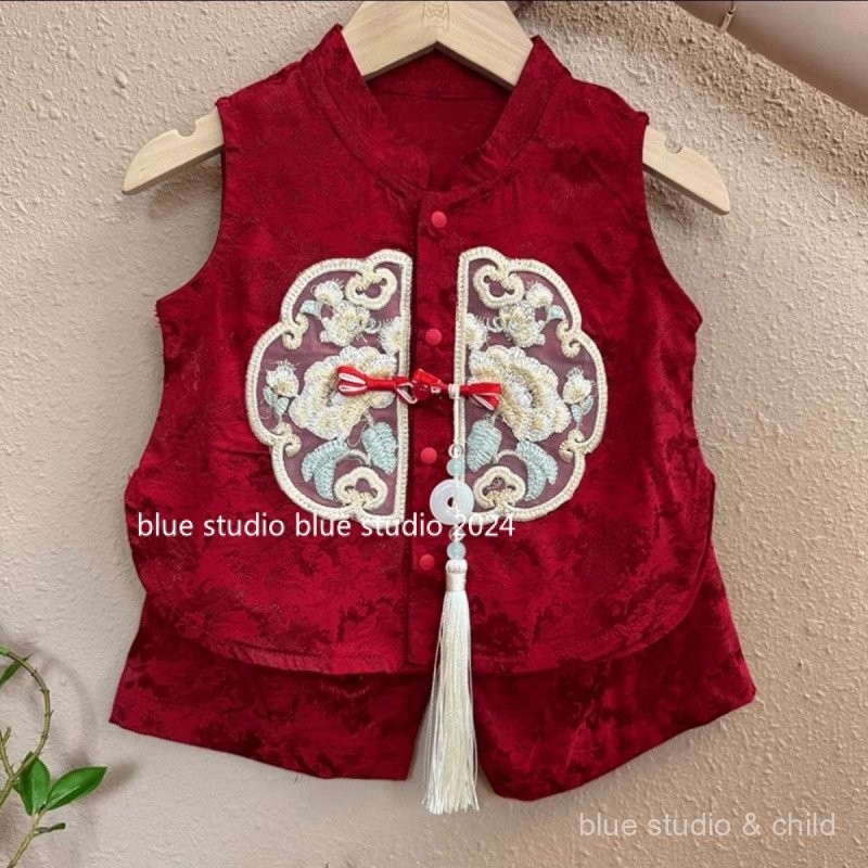 [ชุดแขนกุดสไตล์ประจำชาติ] Romper อายุ1ปี, จั๊มสูทแขนกุดแบบบางสำหรับเด็ก, ชุดปีนเขาสไตล์ประจำชาติ, พระจันทร์เต็มดวง100วัน